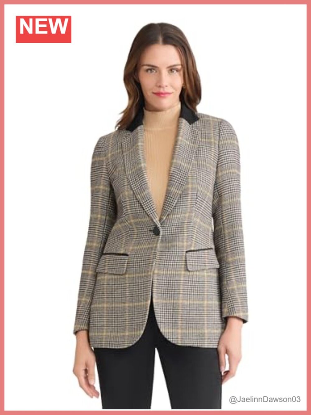 Glen Plaid One Button Blazer Faux Suede Collar Elbow Patches